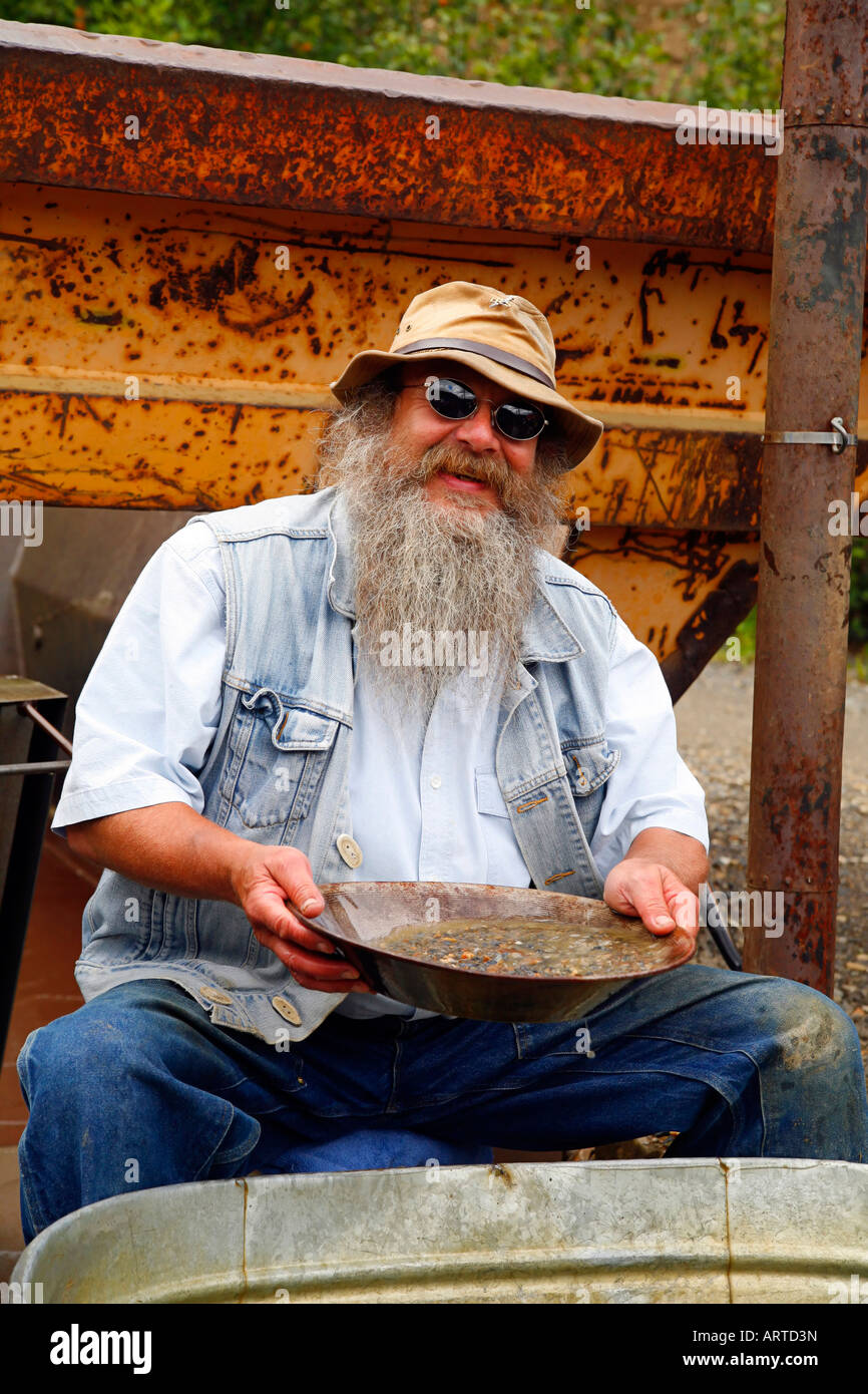 Dexter Clarke miner dimostra le sue tecniche di panning in Eldorado miniera vicino a Fairbanks Alaska Stati Uniti d'America. Foto Stock