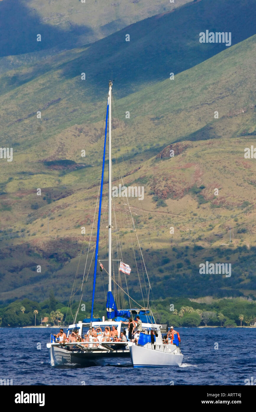 Barca a vela di persone in vacanza speranza per l incontro delle balene nelle acque costiere di Maui. Foto Stock