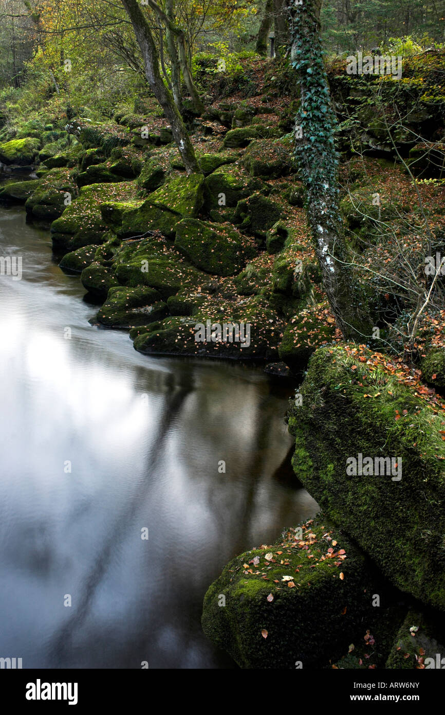Riflessi nel fiume Wharfe sotto l 'hotel Astrid, North Yorkshire Foto Stock