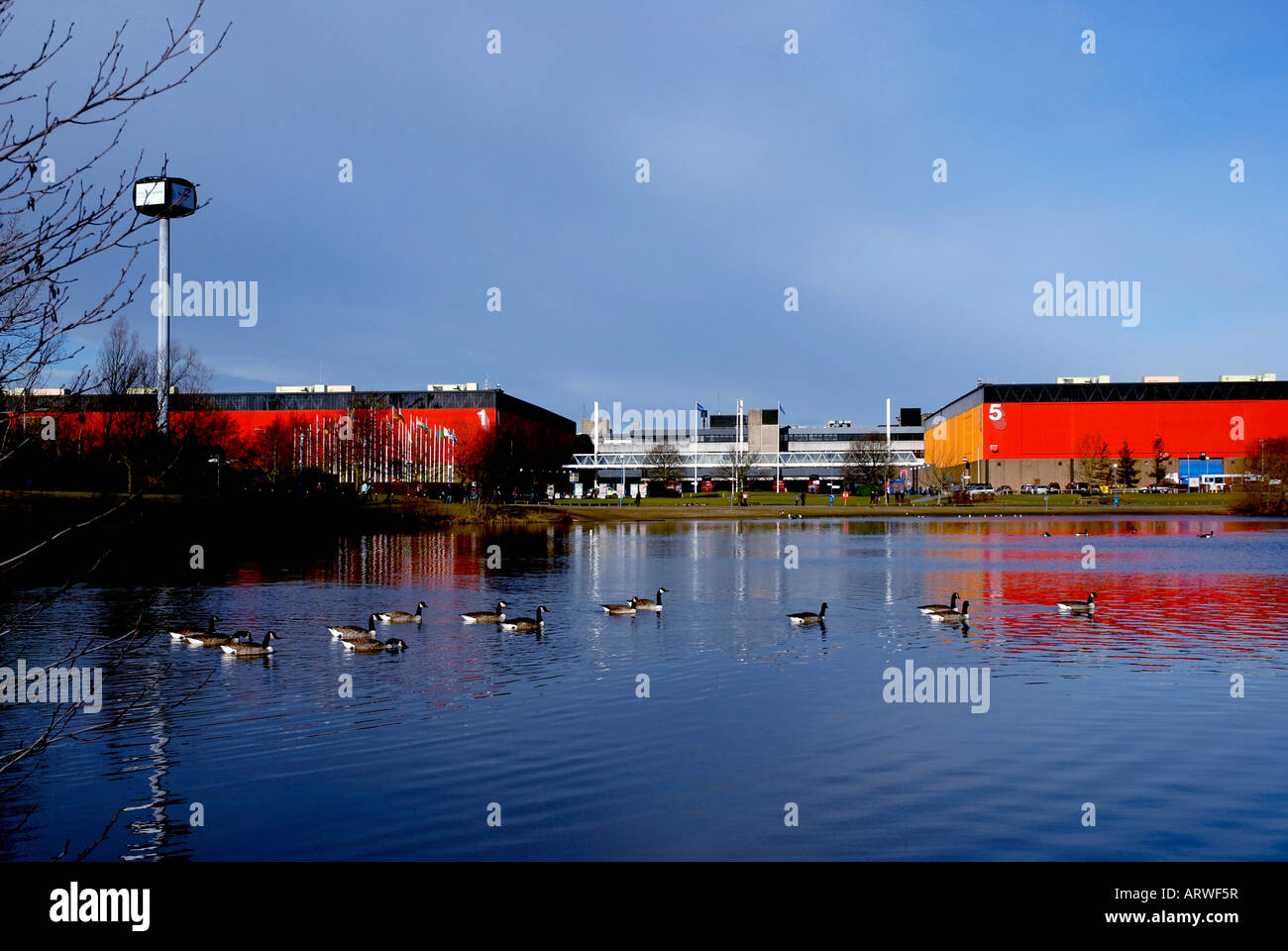 Esterno attraverso Pendigo Lago di National Exhibition Centre Birmingham U K Foto Stock