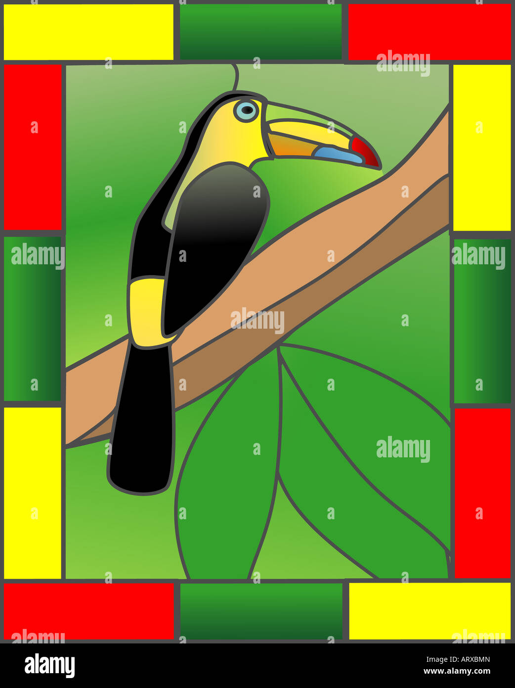 In vetro colorato stile illustrazione di un tucano nella giungla Foto Stock
