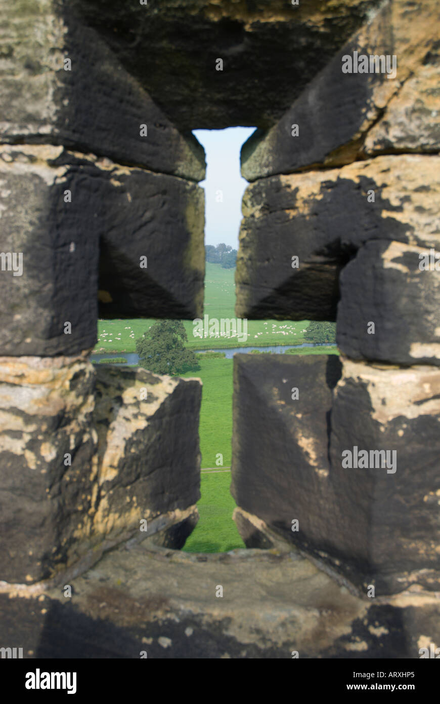 Alnwick Castle Northumberland a forma di croce squarcio o freccia slot nella finestra merlata Foto Stock