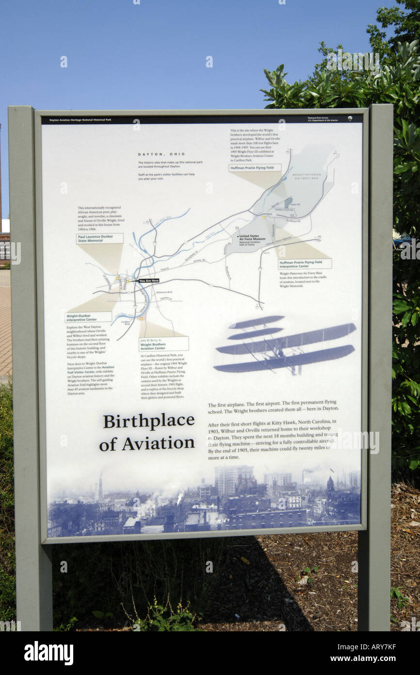 Il luogo di nascita dell'aviazione informazioni segno di Dayton, Ohio Foto Stock