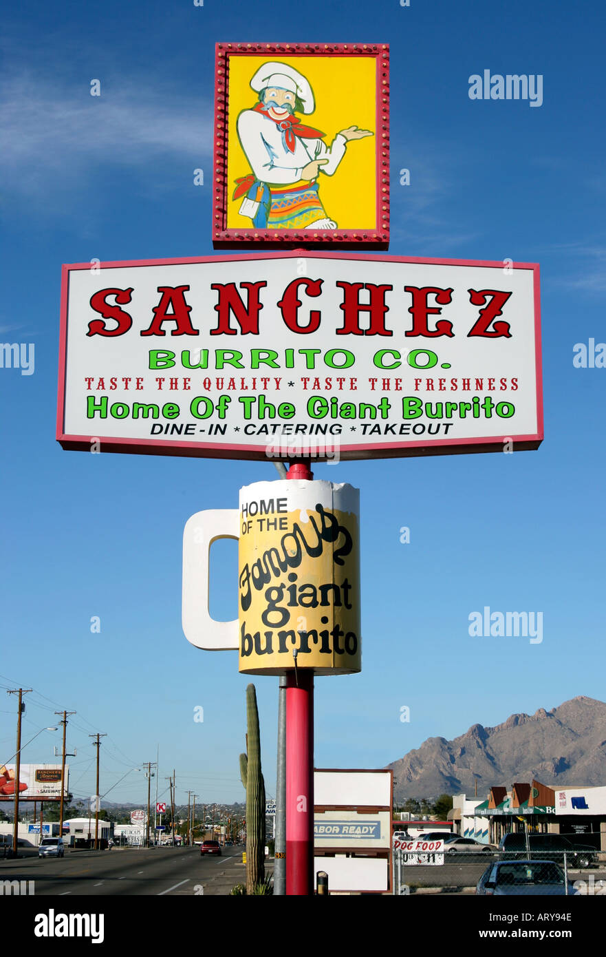 Sanchez Burrito Azienda segno per un vecchio disco in ristorante a Tucson in Arizona Foto Stock