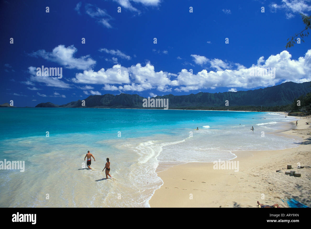 L'invitante sabbie bianche e calde acque blu del soffietto Beach Park , situato a Windward Oahu vicino alla città di Waimanalo. Foto Stock