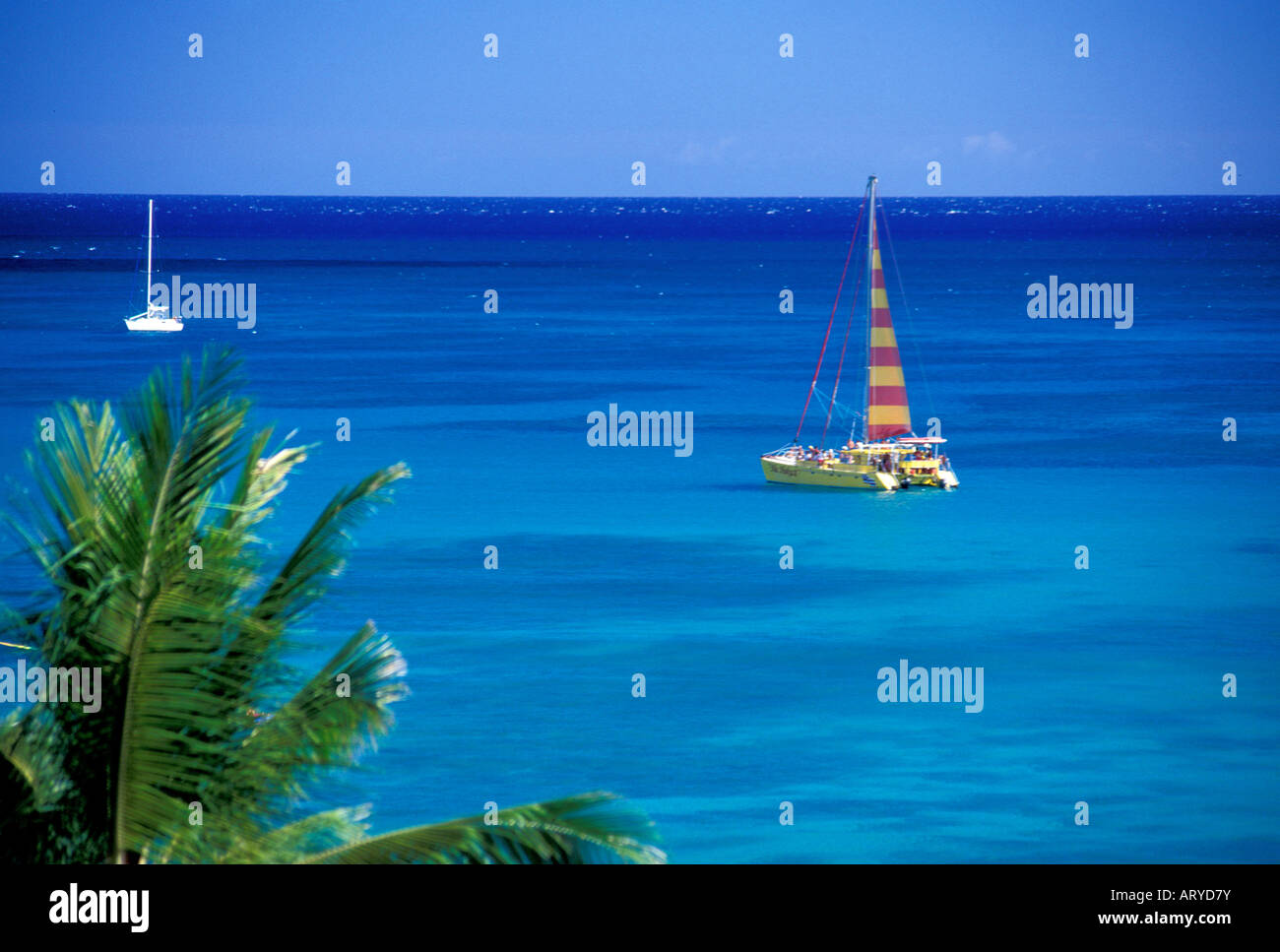 Catamarano porta i turisti sulle escursioni a sperimentare la bellezza delle Hawaii acque blu e caldo alisei. Gite in barca a vela Foto Stock