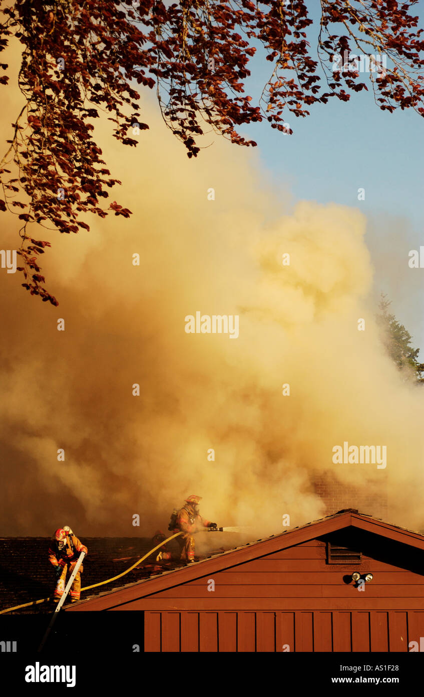 Flutti di fumo dal tetto di una casa come due vigili del fuoco battaglia blaze Foto Stock
