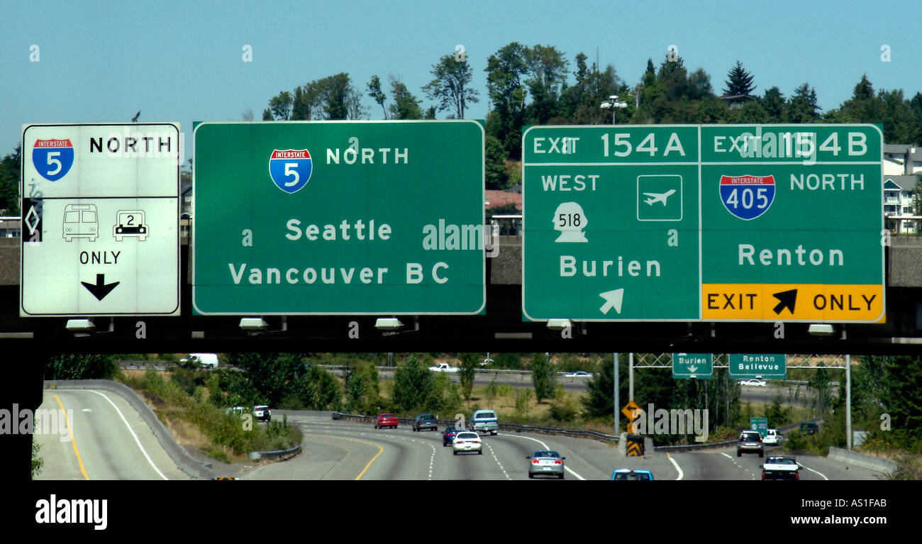 Stato di segnaletica autostradale a sud di Seattle Foto Stock