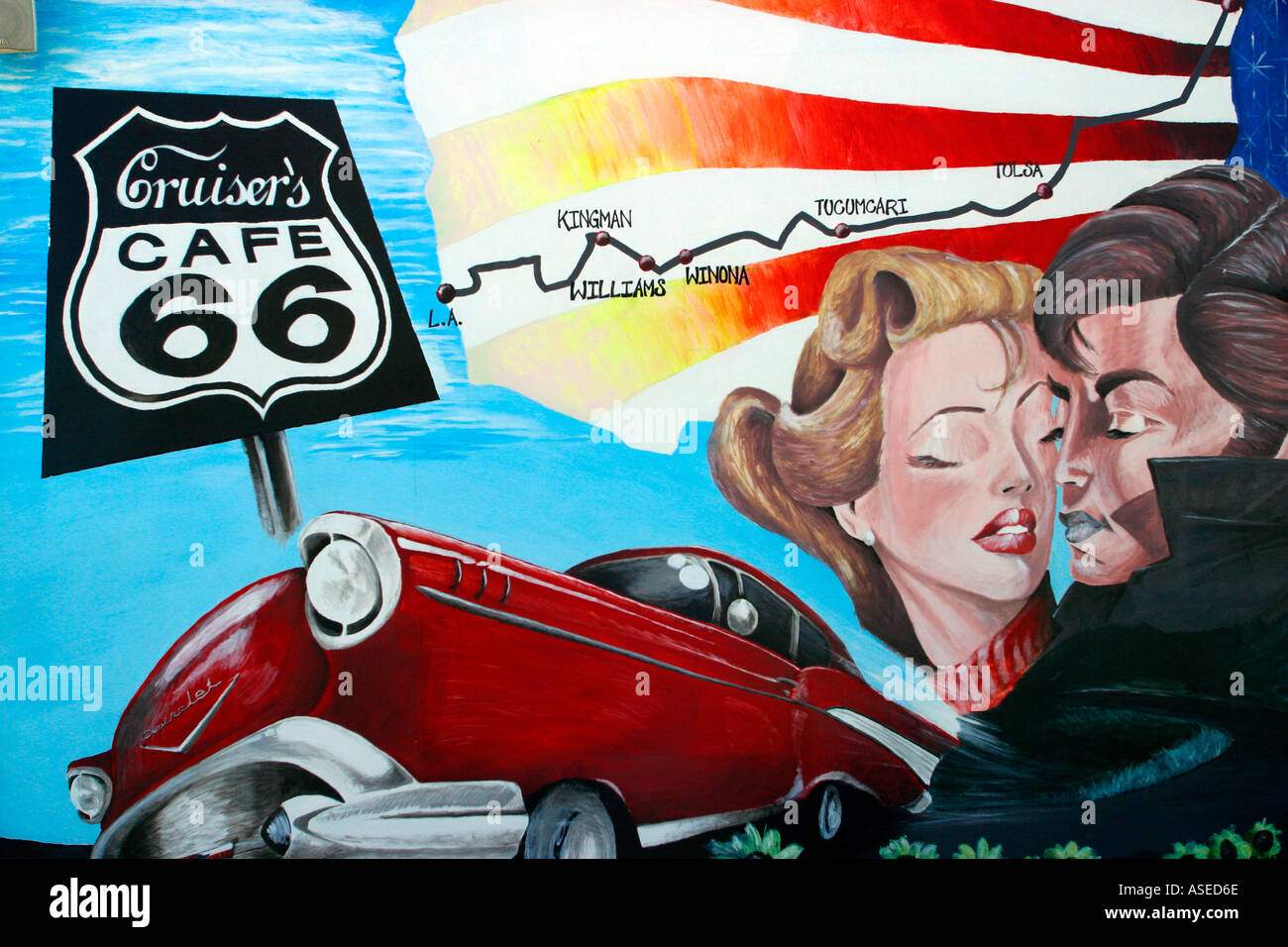 Route 66 segno e il murale Williams Arizona Foto Stock