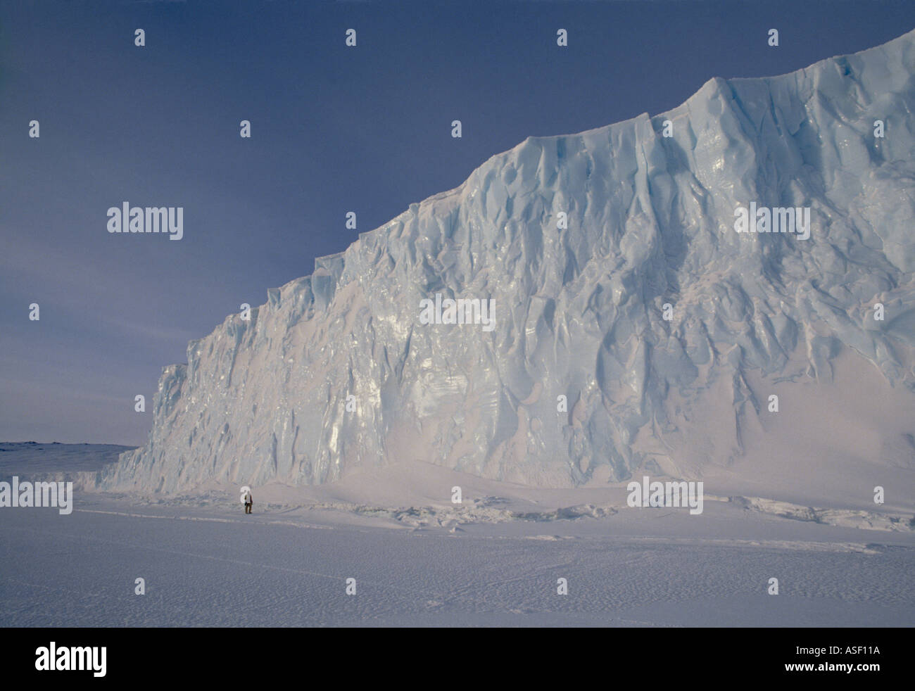 Persona in piedi su fast mare di ghiaccio accanto alla faccia terminale del ghiacciaio Barne molla Ross isola McMurdo Sound Antartide Foto Stock