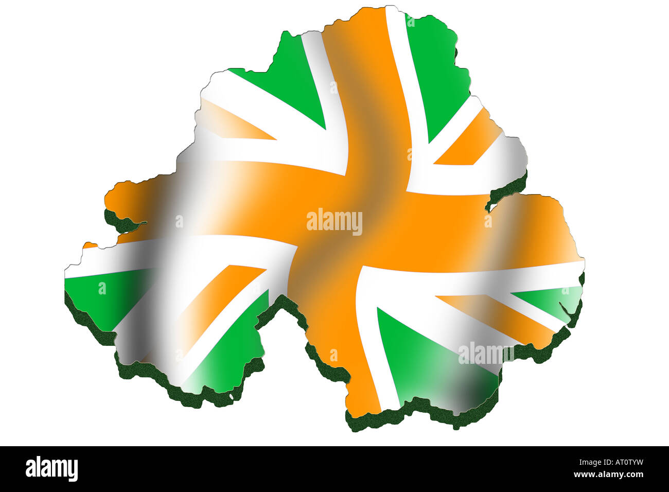 Mappa di contorno e bandiera di Irlanda del Nord - bandiera modificata rendendo dichiarazione politica sulle rivendicazioni di entrambe le comunità Foto Stock