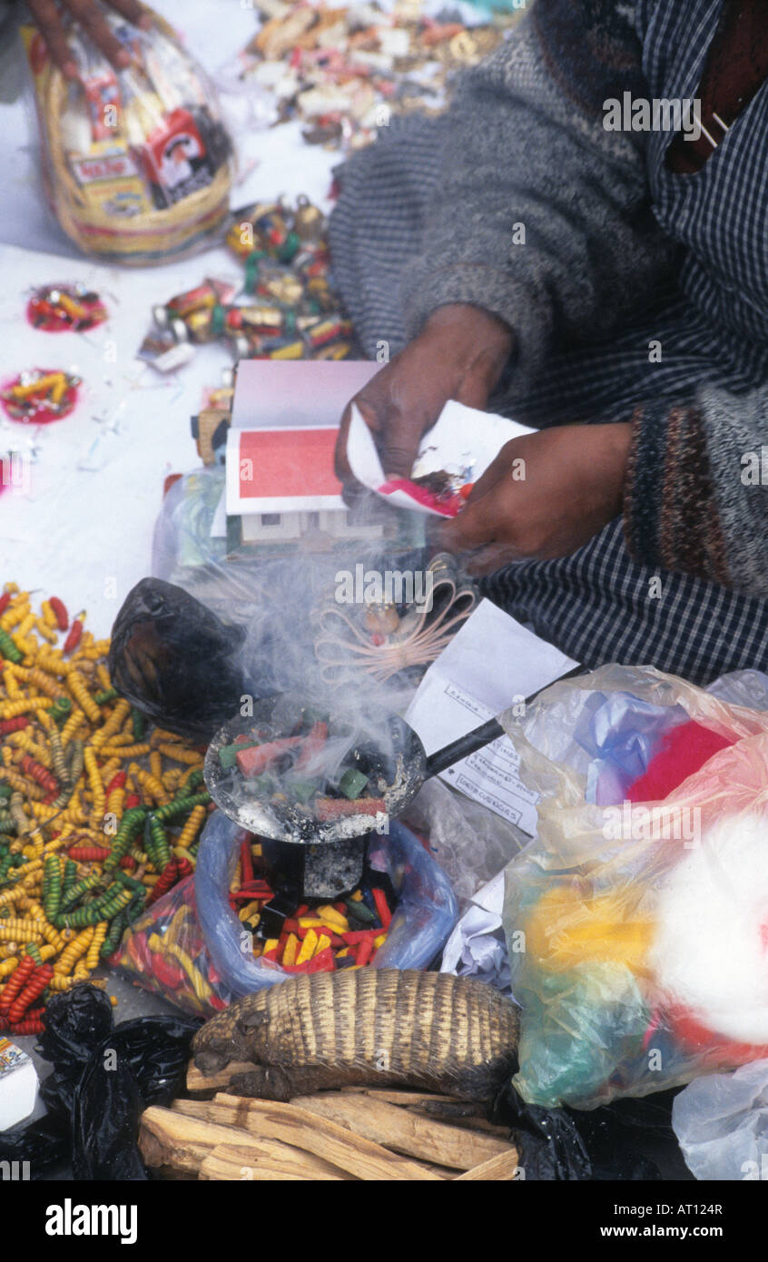 Aymara shaman preparandosi a benedire le offerte nel fumo di incenso, festival di Alasitas, la Paz, Bolivia. Armadillo andino (Chaetophractus nationi) in stallo. Foto Stock