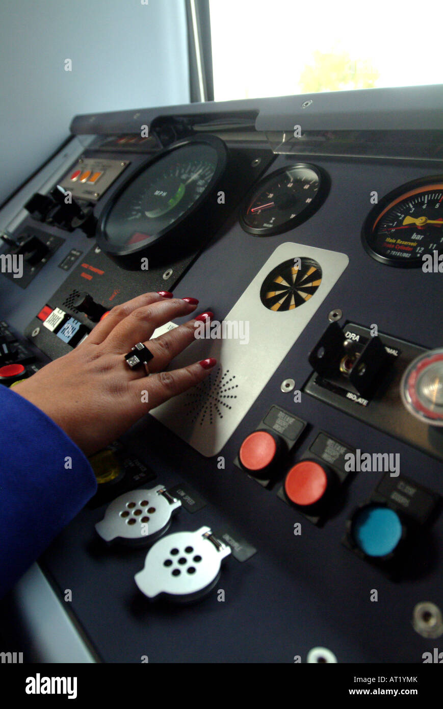 Cabina del treno, una cabina per il conducente Foto Stock