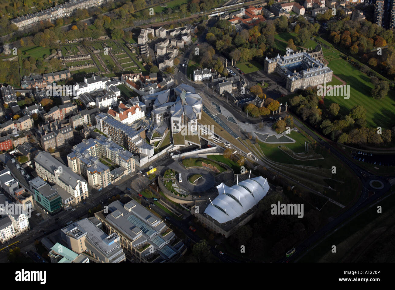 La fotografia aerea del parlamento scozzese, Dynamic Earth e il Palazzo di Holyrood EDINBURGH Foto Stock