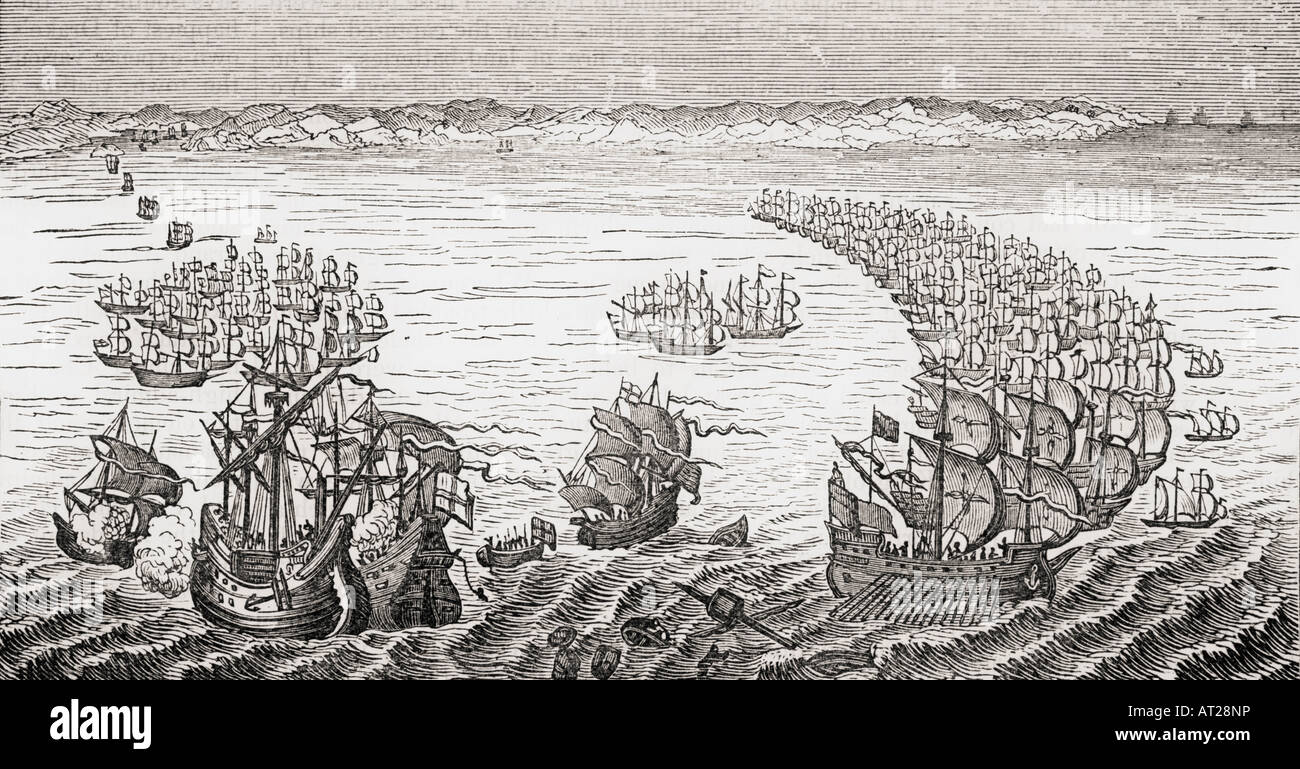 La flotta inglese comandata da Sir Francis Drake che attacca l'Armada spagnola, 1588. Foto Stock