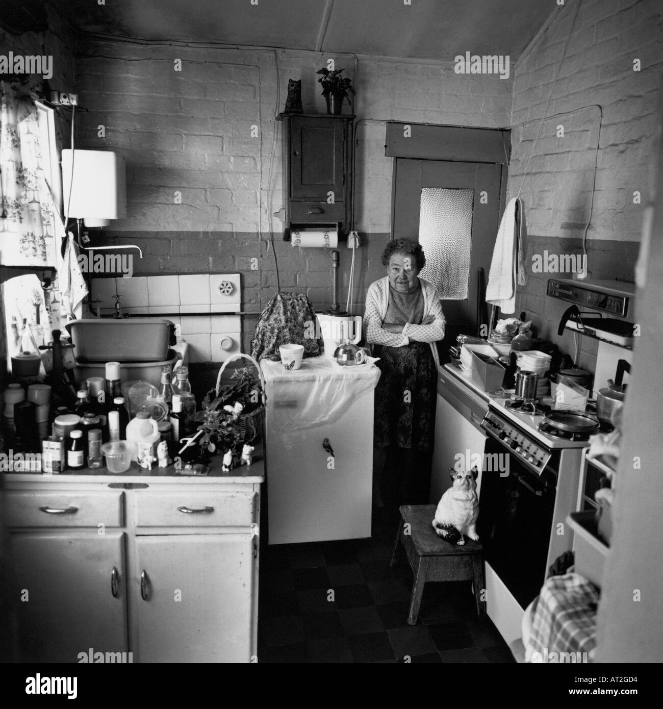 Una vecchia donna nella sua cucina Foto Stock