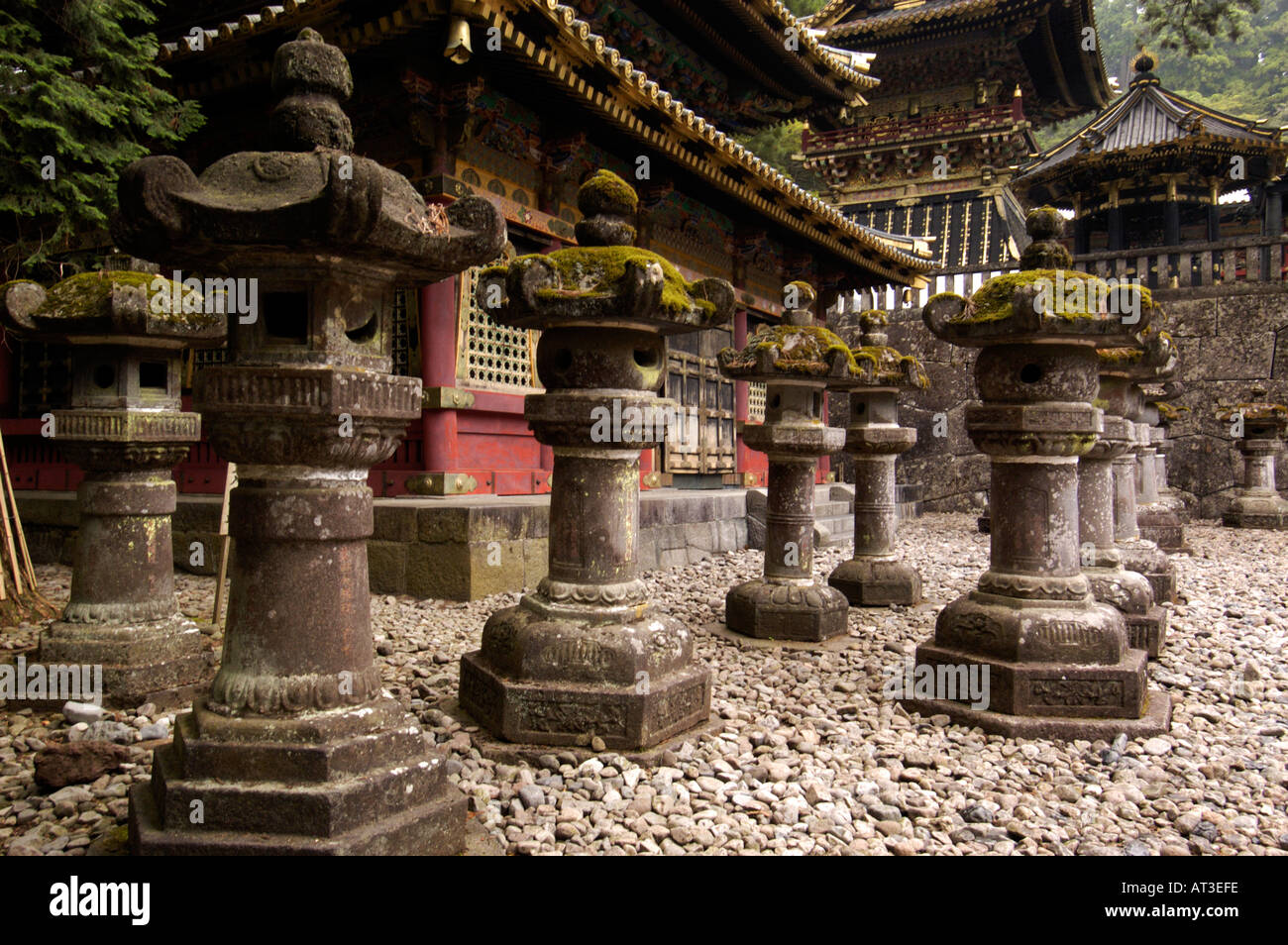 Lanterne di pietra di Tosho gu santuario di Nikko Giappone Foto Stock