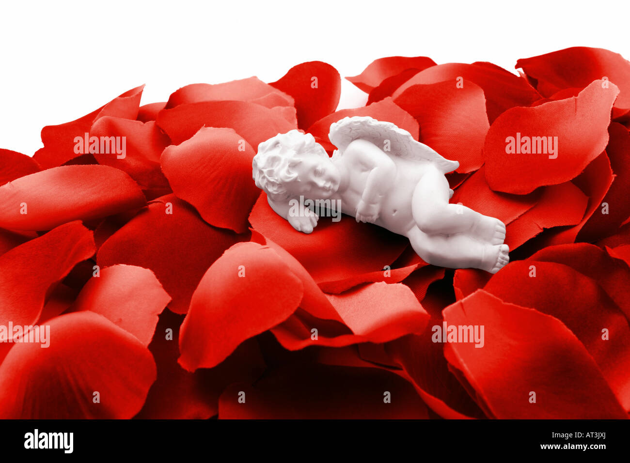 Angelo dormire in valentine petali di rosa Foto Stock