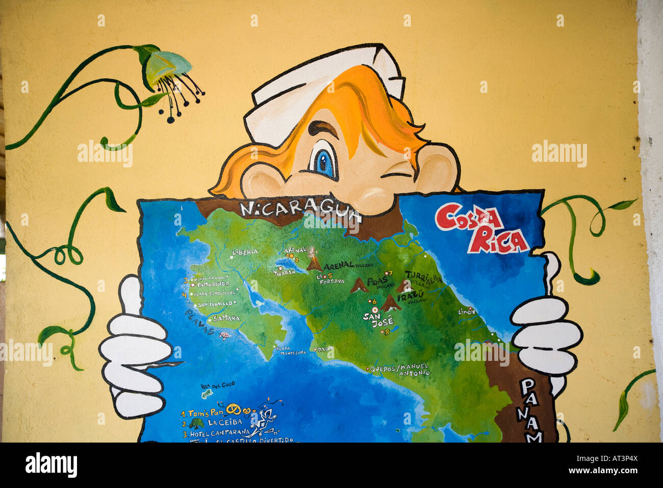 Costa Rica Nuevo Arenal panificio tedesco mappa che indica il nord destinazioni turistiche Foto Stock