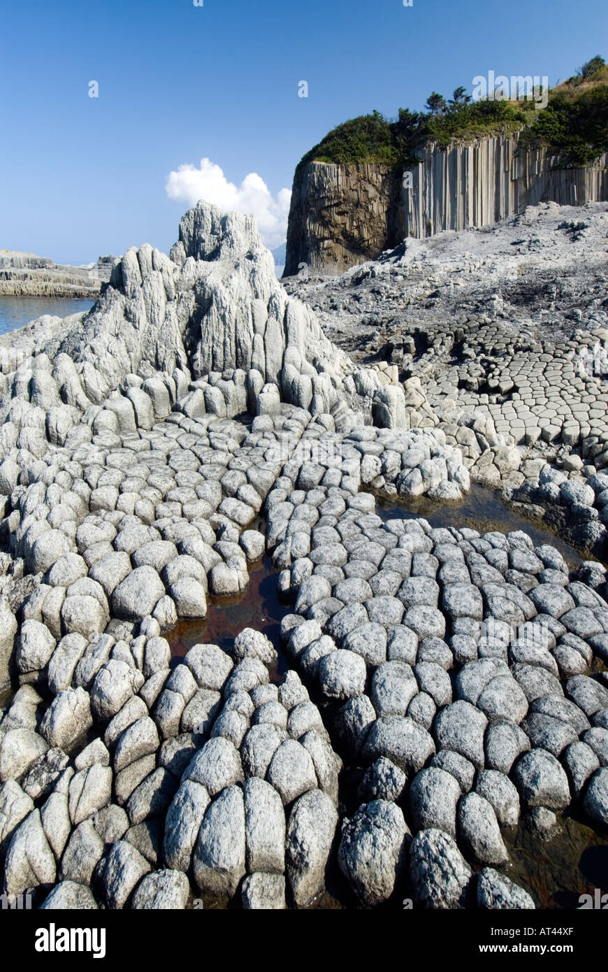 Formazioni di roccia vulcanica a Stolbchaty Cape sull isola Kunashir nel Curili catena di isole Estremo Oriente Russo Foto Stock