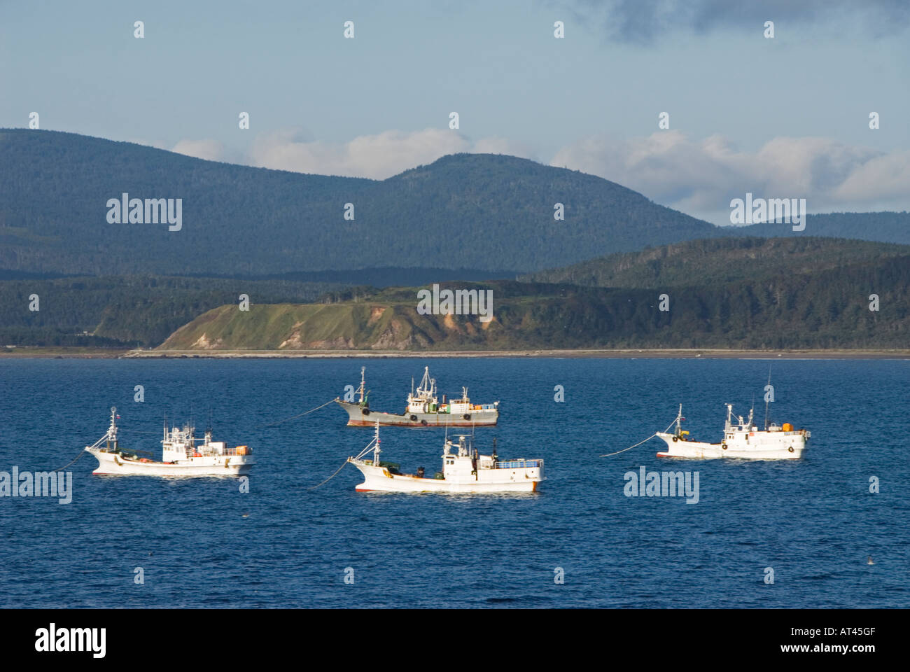 Barche da pesca nel porto di Yuzhno Kurilsk sull isola Kunashir nelle isole Curili in Estremo Oriente Russo Foto Stock