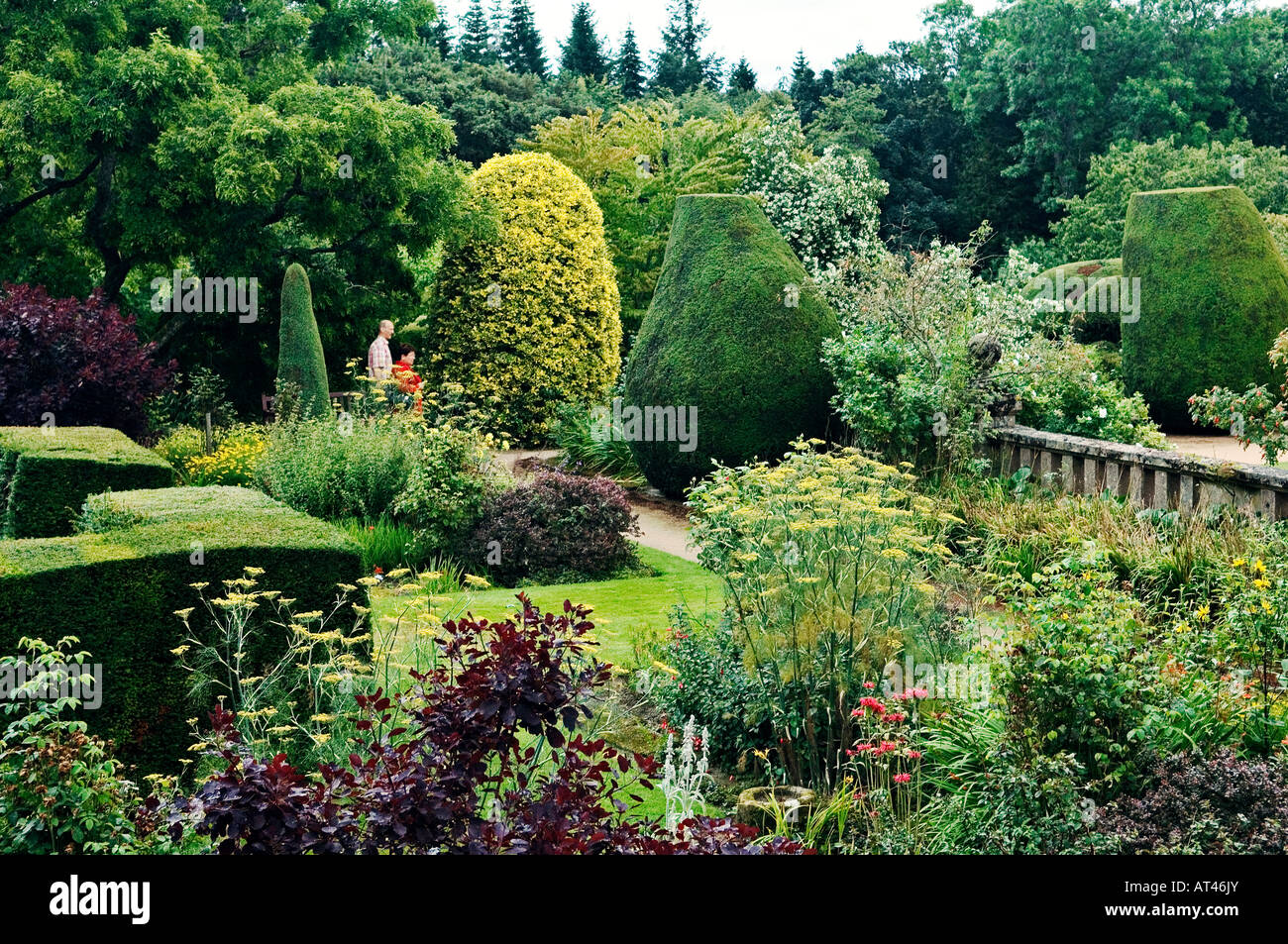 Parte di giardini formali a Crathes Castle, vicino alla città di Banchory in Deeside, Grampian Regione, Scozia Foto Stock