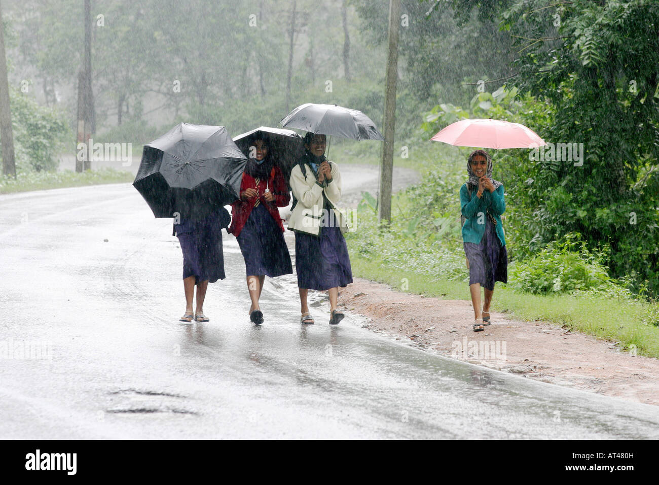 4 giovani ragazze fanno il loro modo a scuola con il monsone pioggia nel paese nei pressi di Mangalore in India Foto Stock