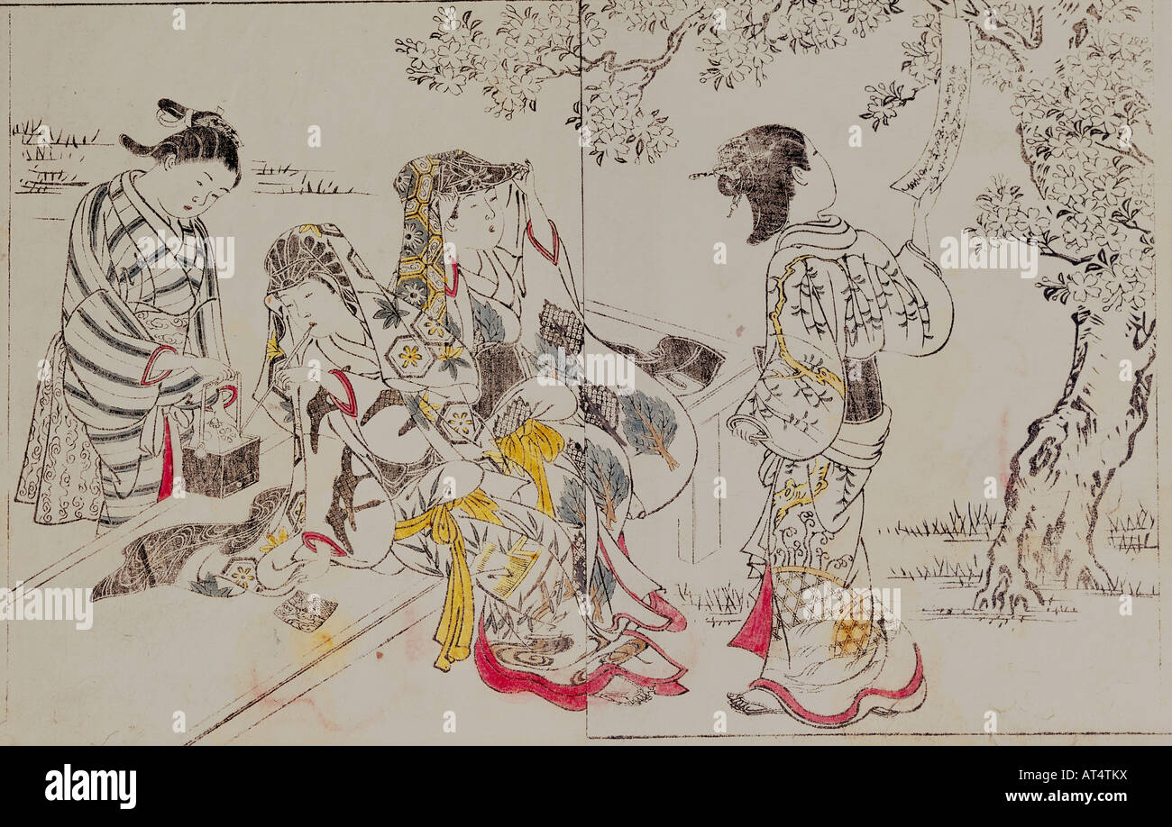 Belle arti, Sukenobu, Nishikawa (1671 - 1751), "due signore su un banco di pietra con due servi, uno di loro che fissa una poesia foglio su un albero in fiore", xilografia, colorata, 26,7 x 33,3 cm, pagina di libro da 'Ehon tokiwa gusa" (la vita delle donne), Morita Shotaro casa editrice, Osaka, 1731, collezione privata, Giappone, artista del diritto d'autore non deve essere cancellata Foto Stock