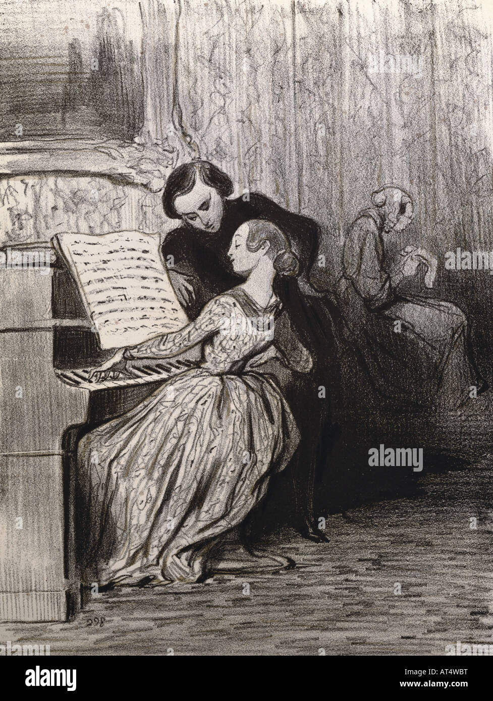 Belle arti, Daumier, Honore (1808 - 1879), grafico, 'La lezione di piano', litografia, 18,5 cm x 24,3 cm, da 'Charivari", collezione privata, artista del diritto d'autore non deve essere cancellata Foto Stock