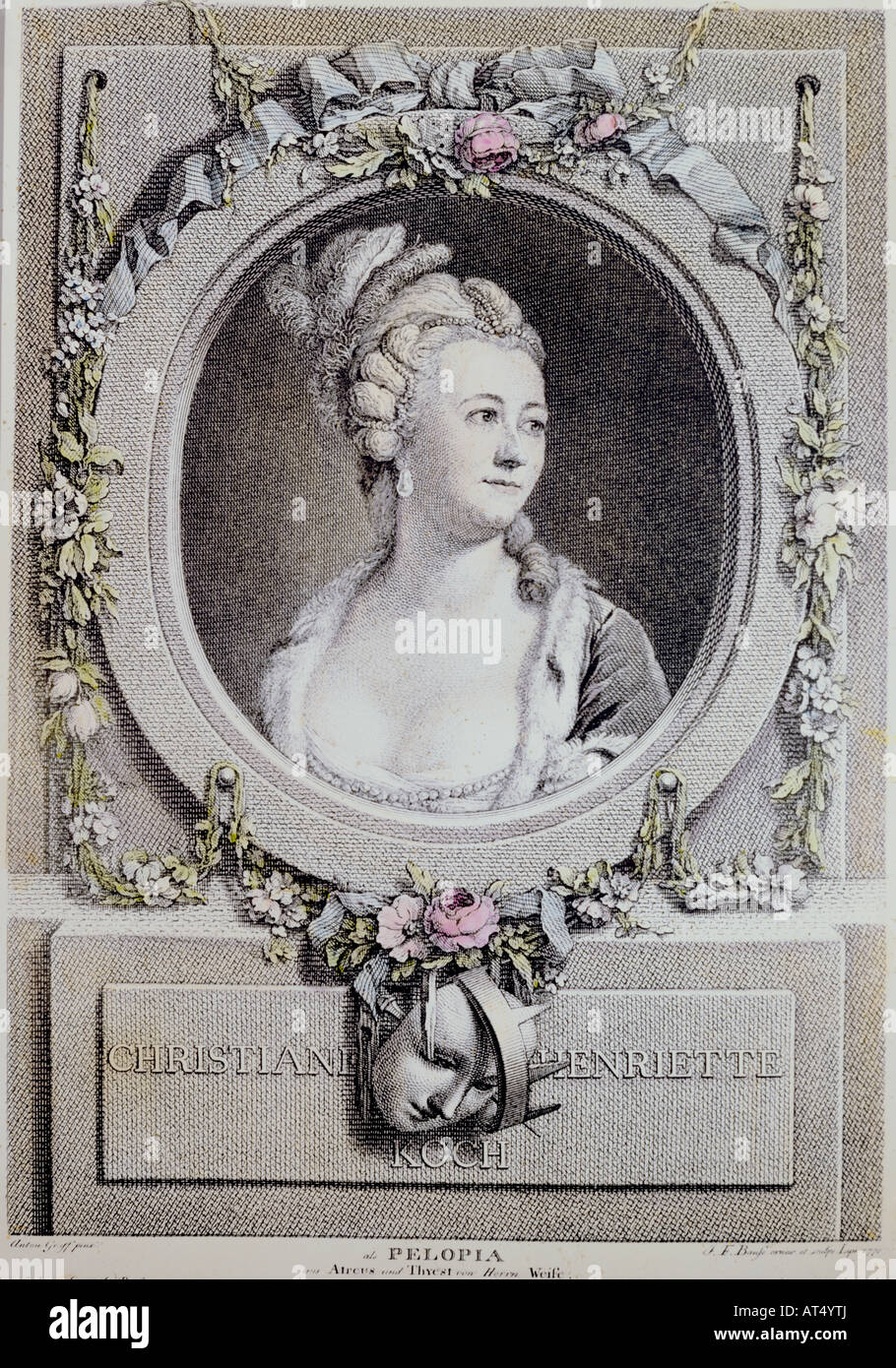 Belle arti, Graff, Anton (1736-1813), ritratto dell'attrice Christiane Henriette Koch, incisione su rame, colorata, da J. F. Brause, Lipsia, Germania, 1772, basata su un dipinto di Graff, collezione privata, artista del diritto d'autore non deve essere cancellata Foto Stock