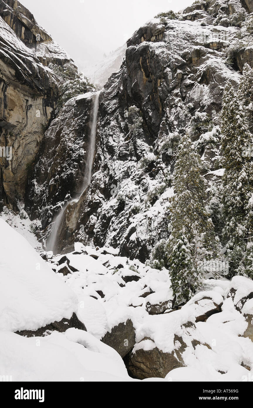 Abbassare Yosemite Falls l'ultima delle tre sezioni di Yosemite Falls è circondato da bianchi dopo la nevicata. Foto Stock