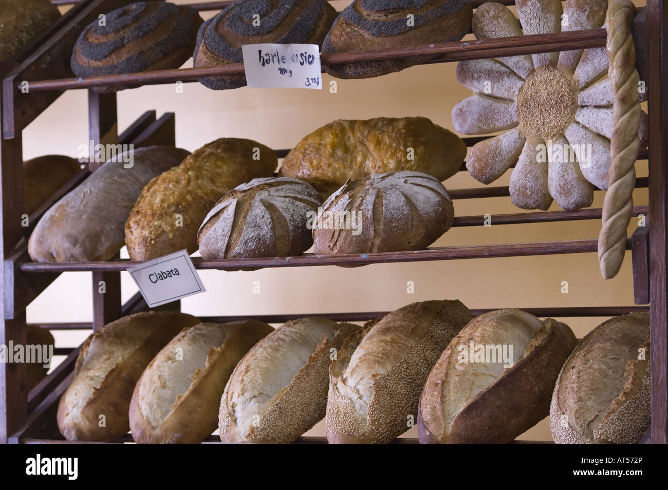 Display del delizioso pane rustico su uno scaffale di legno Foto Stock