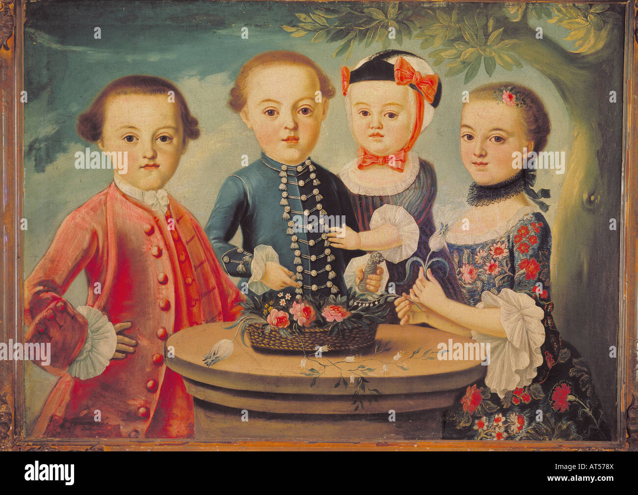 Belle arti, rococò, quattro degli otto figli di jugde Johann Michael Stroeber, artista sconosciuto, pittura, circa 1770/1780, olio su tela, Bad Toelz Museum , artista del diritto d'autore non deve essere cancellata Foto Stock