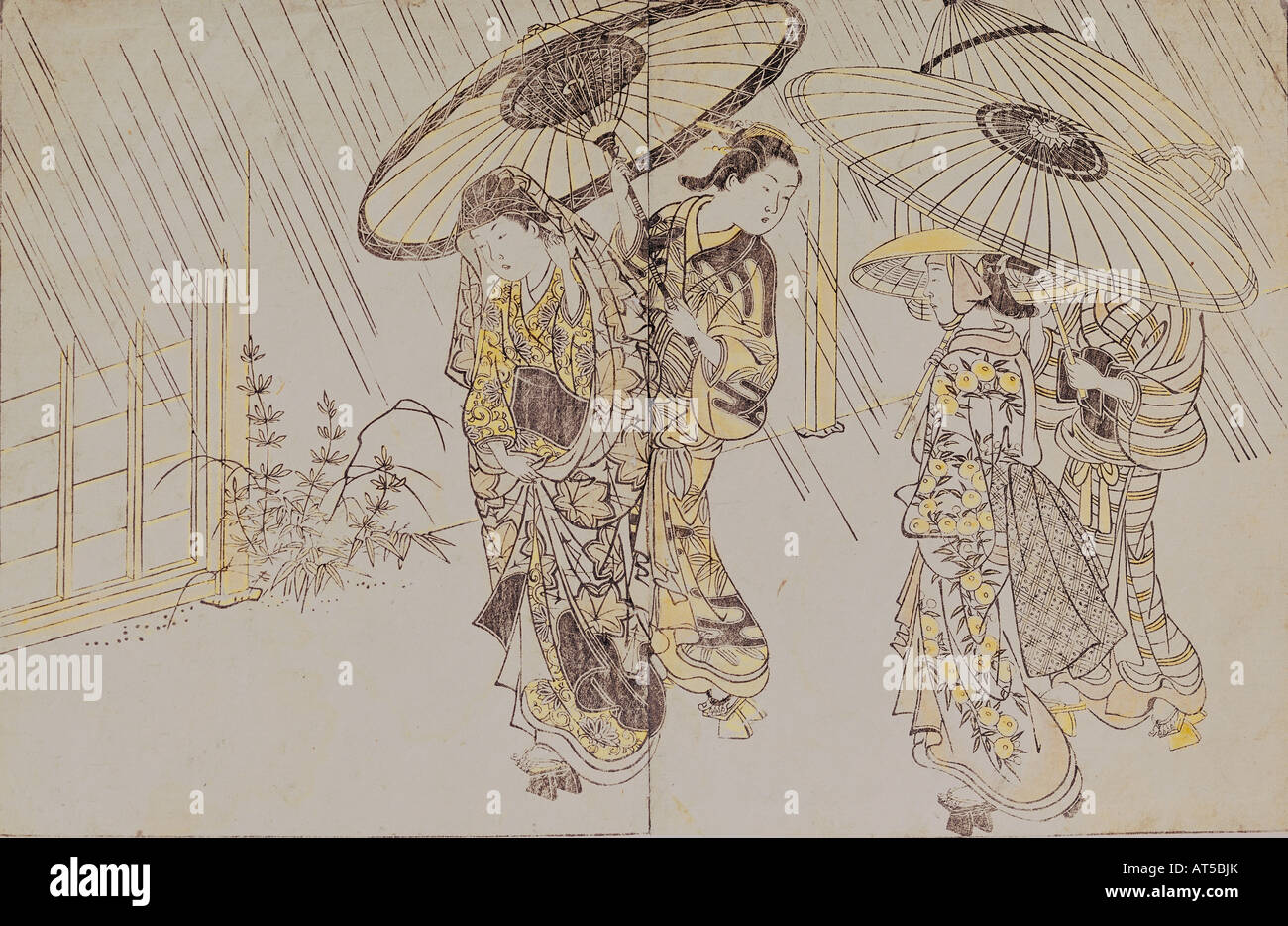 Belle arti, Sukenobu, Nishikawa (1671 - 1751), 'Quattro geishe sotto la pioggia", xilografia, colorata, 20,9 x 32,2 cm, collezione privata, Giappone, artista del diritto d'autore non deve essere cancellata Foto Stock