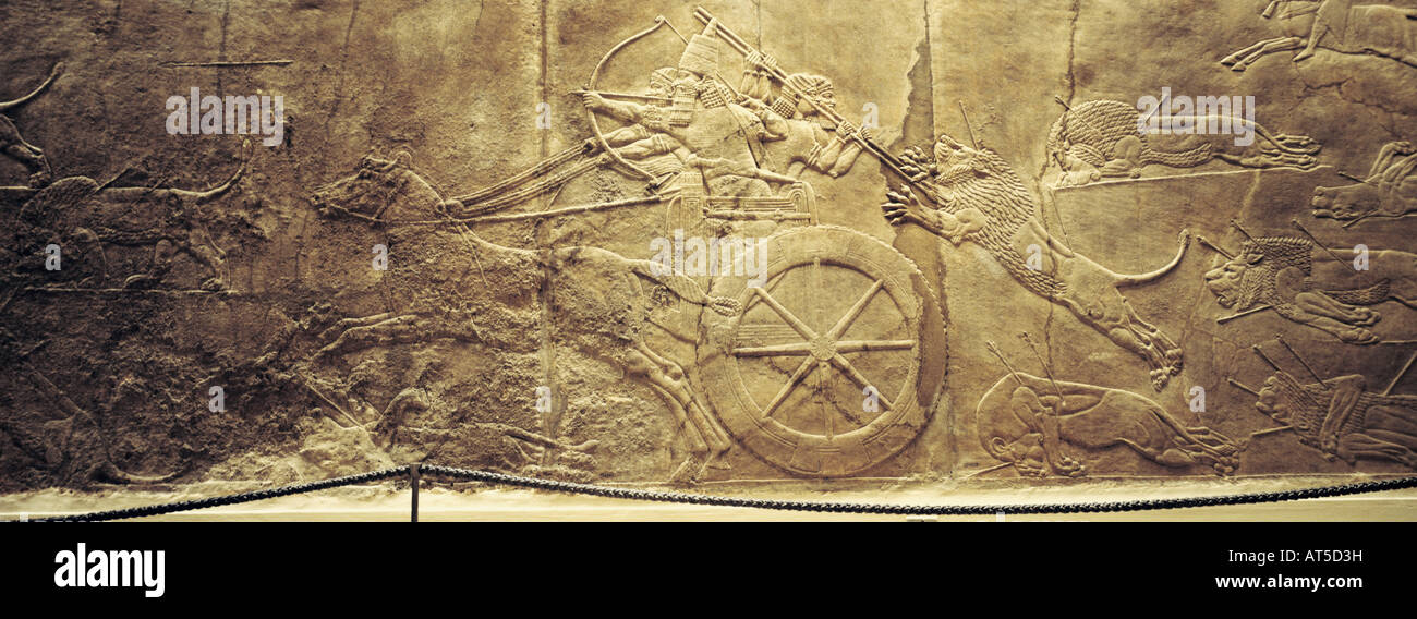 Belle arti, mondo antico, Assiri, lion Hunt, il re su di un carro, alabastro, Ninive, palazzo del re Ashurbanipal (regnò 668 - 626 BC), British Museum di Londra, , artista del diritto d'autore non deve essere cancellata Foto Stock
