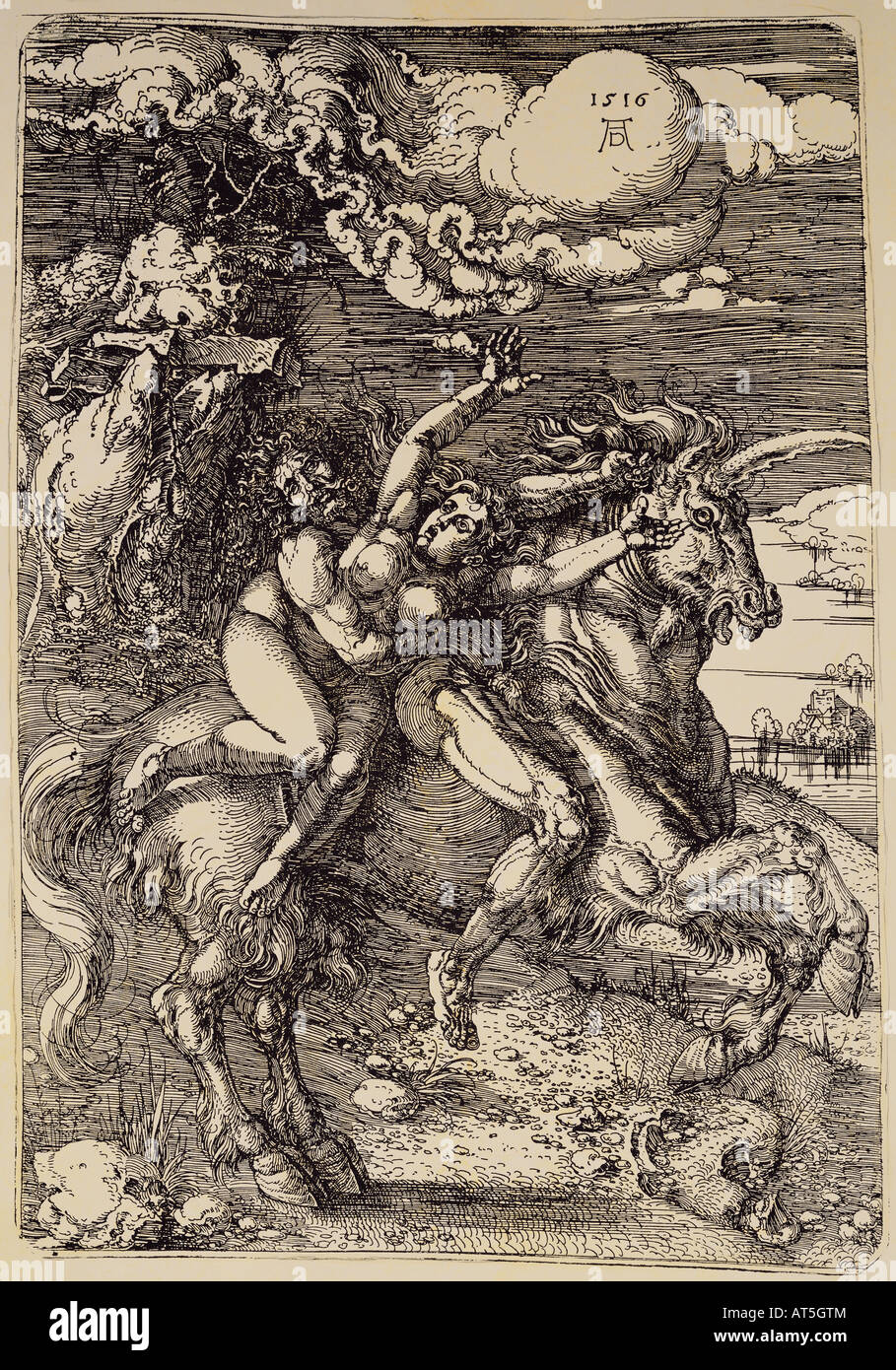 Belle arti, Durer, Albrecht (1471 - 1528), attacco, 'Die Entführung auf dem Einhorn' (rapimento su un unicorno), 1516, 33,5 cm x 25,4 cm, collezione privata, artista del diritto d'autore non deve essere cancellata Foto Stock
