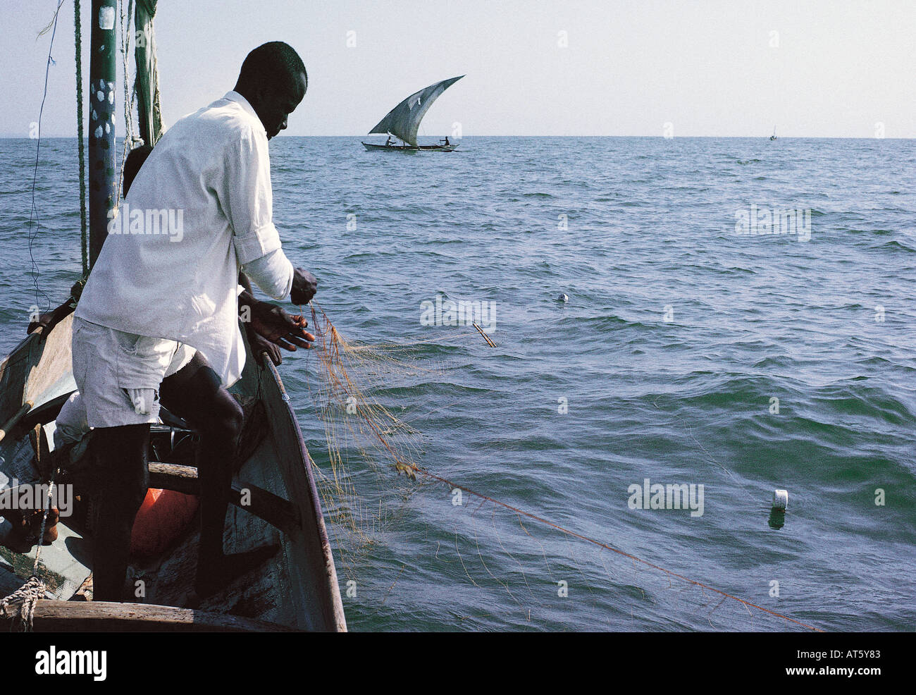Luo fisherman controllo suo gill net dalla sua barca a vela canoa lago Victoria Kenya Africa orientale Foto Stock