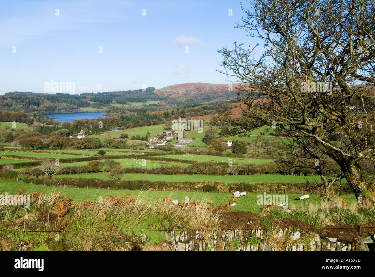 Vista del paesaggio del villaggio di Sheepstor e Del Burrator Reservoir sul Dartmoor in una mattinata invernale. South Devon, Regno Unito Foto Stock