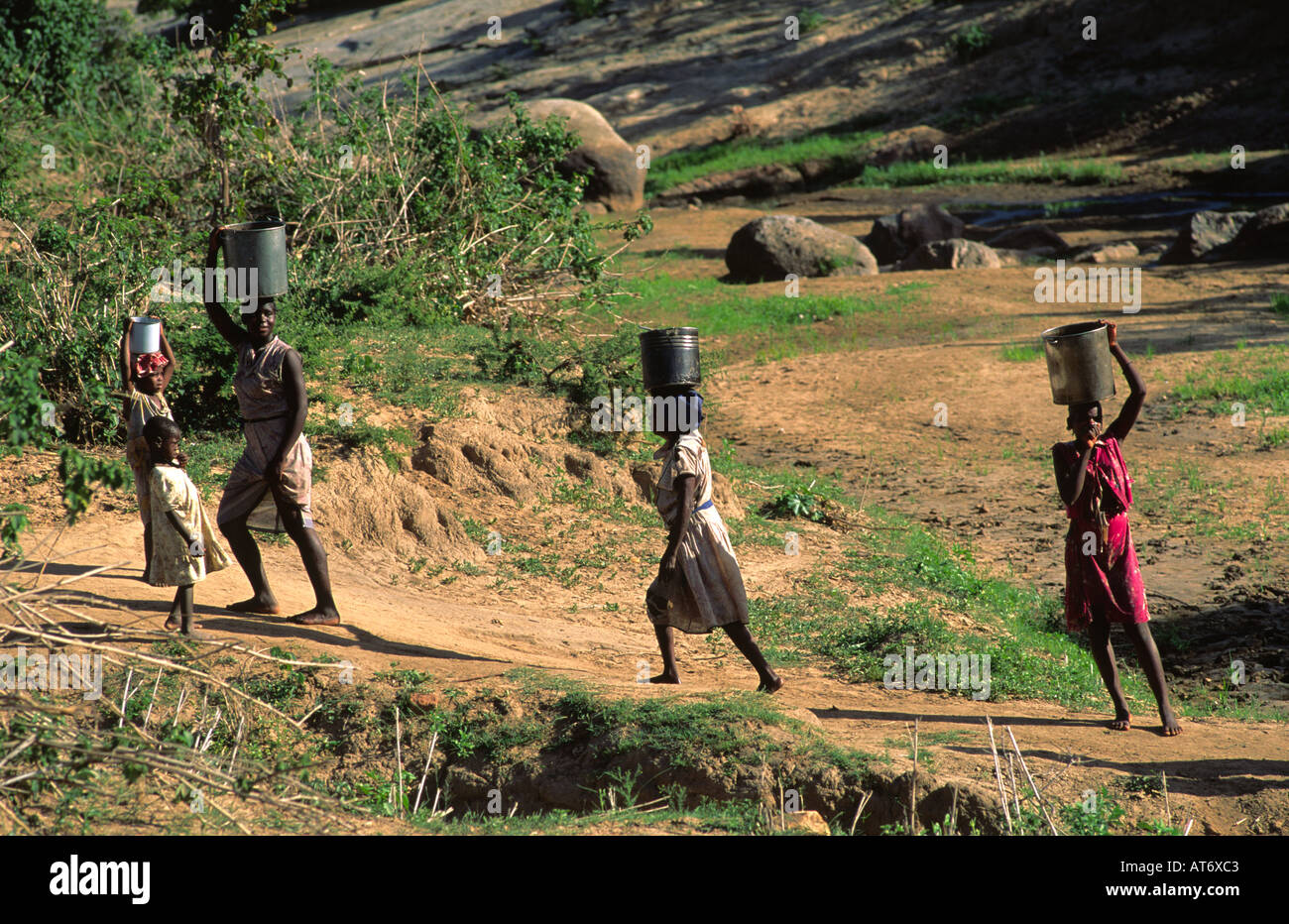 La madre e le figlie di lei le lattine di trasporto di acqua preziosa da una bassissima fiume durante il periodo di siccità nei pressi di Zaka nelle zone rurali dello Zimbabwe. Foto Stock