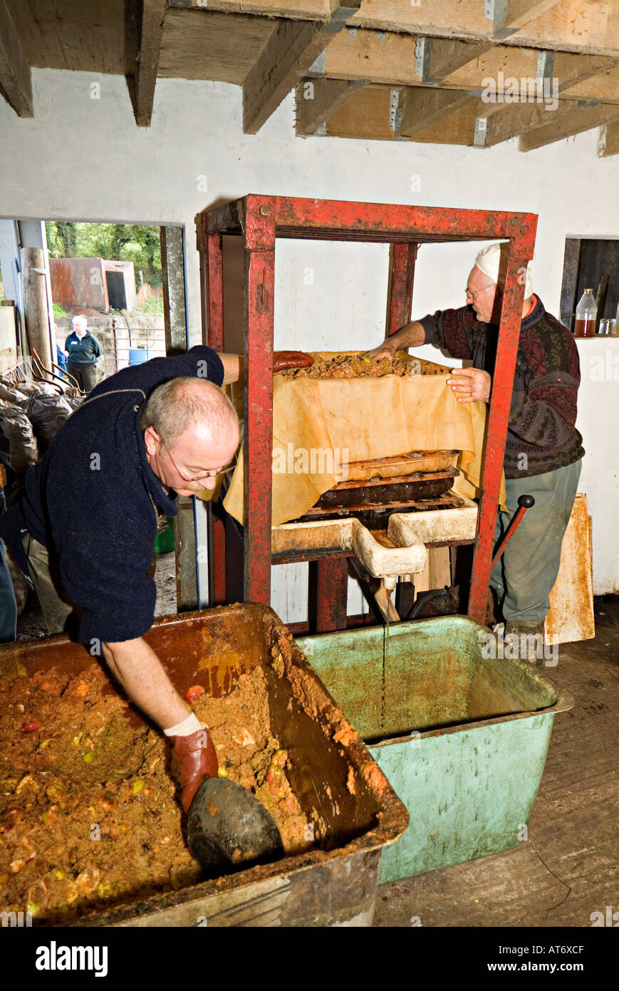 Un coltivatore che preme le mele in una piccola pressa per fare sidro e juce. Devon, Regno Unito Foto Stock