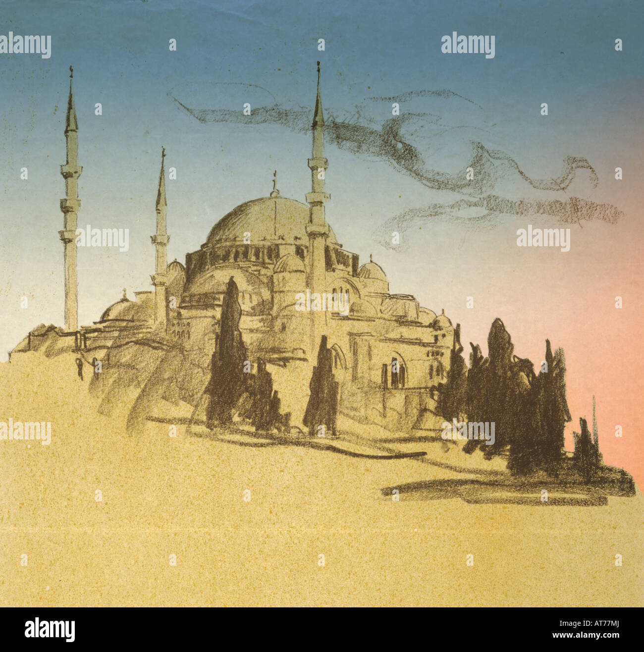 Sultan Ahmet Camii la moschea nel disegno il colore di disegno cattura lo spirito della moschea blu e giallo rosso arancio Foto Stock