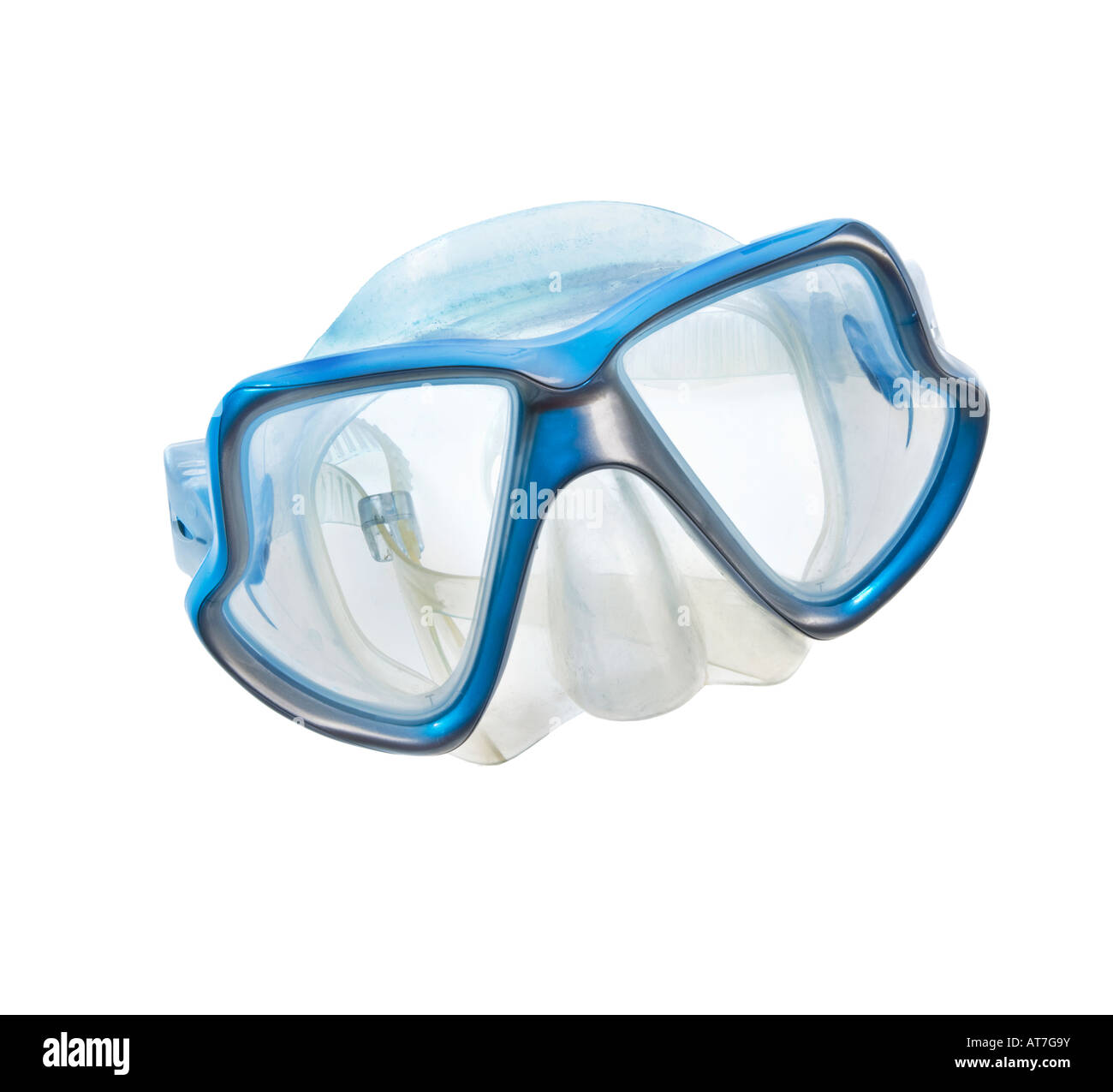 Maschera subacquea Taucherbrille occhialini chiaro bianco blu occhio grande naso diving in plastica accessori di gomma gummi gumshoe intaglio Foto Stock