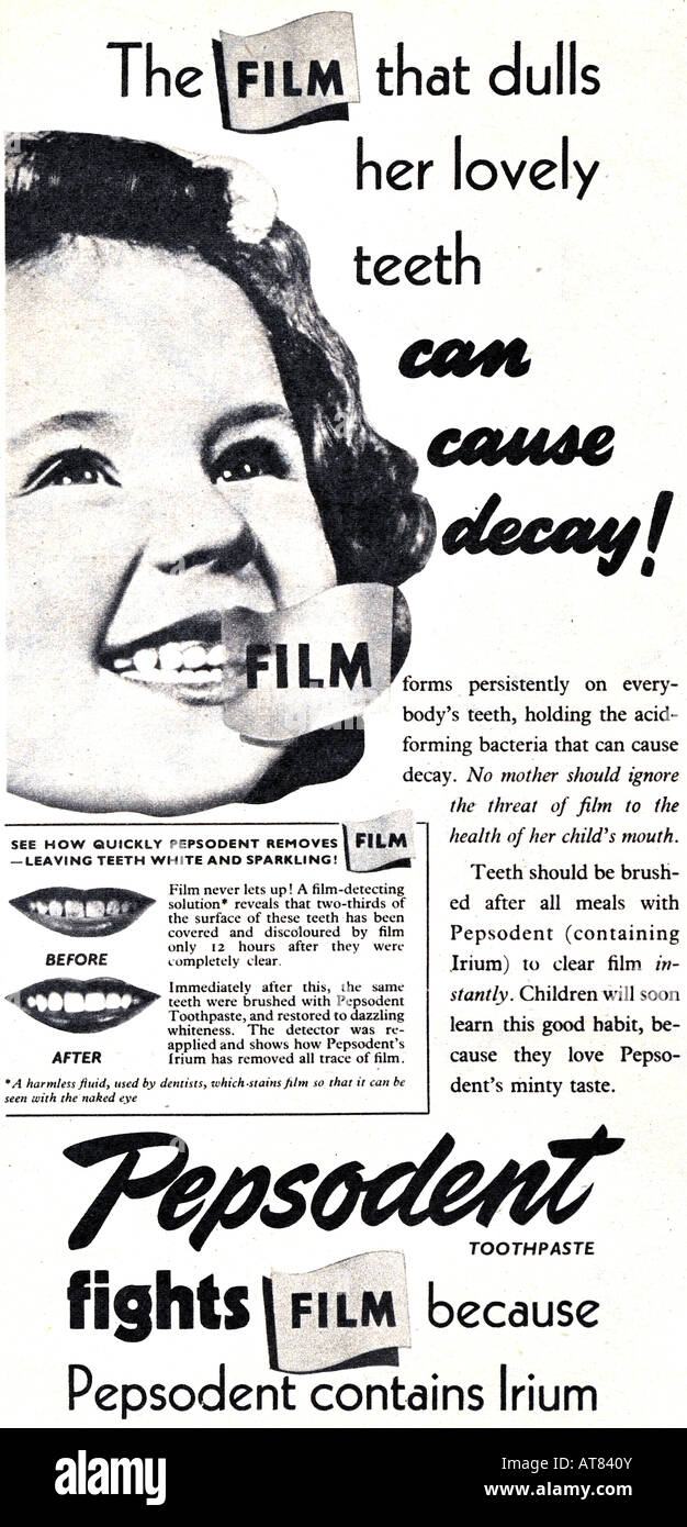 1950 Pubblicità per Pepsodent dentifricio degli anni cinquanta per solo uso editoriale Foto Stock