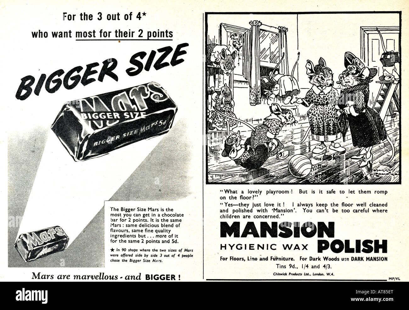 1950 annunci per la tavoletta di cioccolato Mars e Mansion polacco degli anni cinquanta per solo uso editoriale Foto Stock