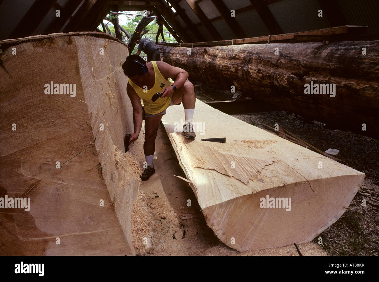 Edificio voyaging polinesiana canoa, Hawaiiloa - Billy Ornellas prepara il suo primo Rough cut abete di log che diventerà scafi Foto Stock