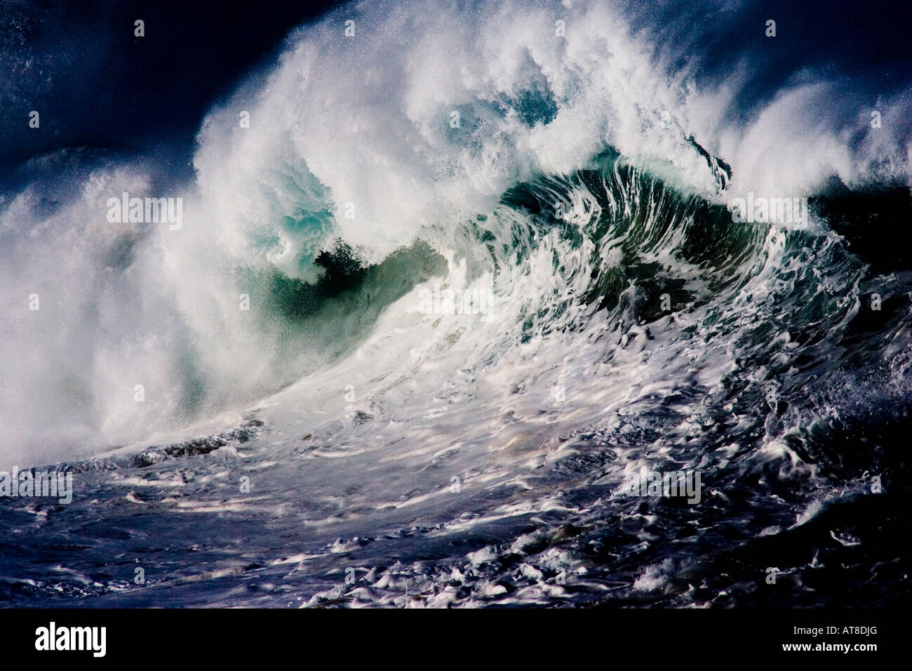 Bella grande onda con scogliera scura in background. Il Waimea Bay shore break sulla North Shore di Oahu, Hawaii. Foto Stock