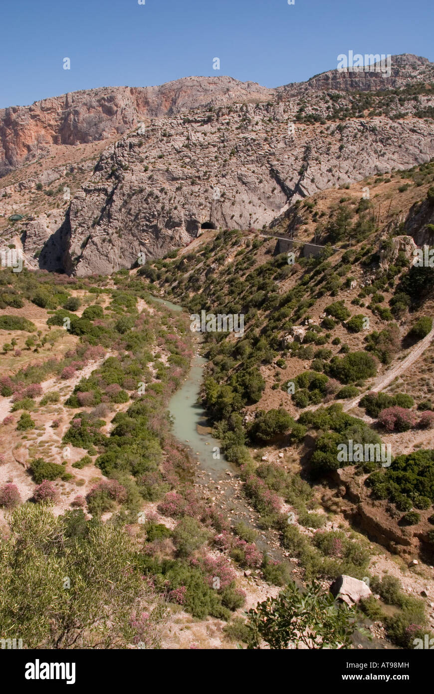 Una vista giù per la valle a El Chorro gorge, Andalusia, Spagna Foto Stock