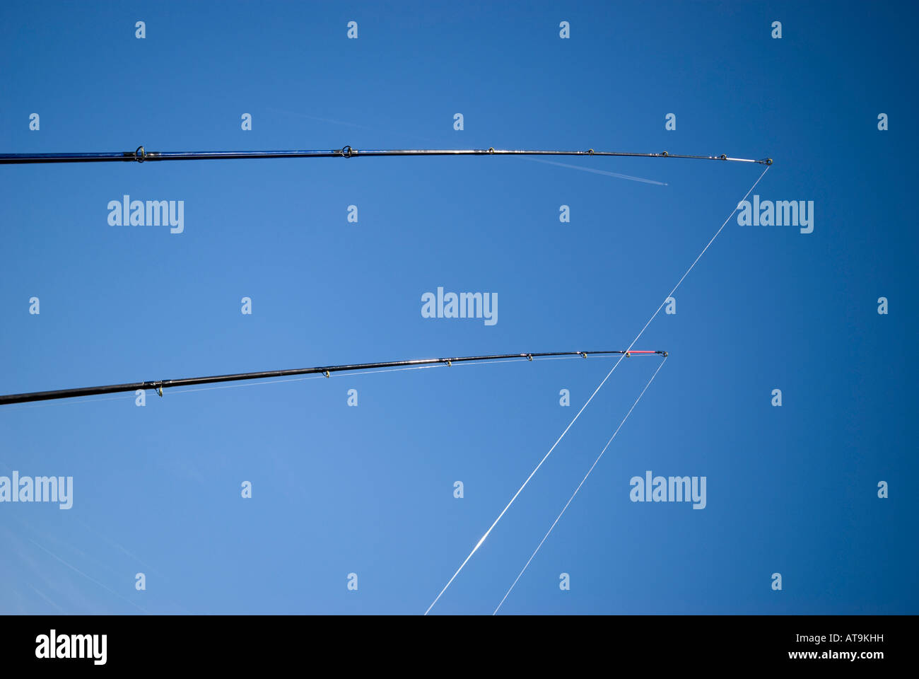 Due linee di pesca, cielo blu Foto Stock
