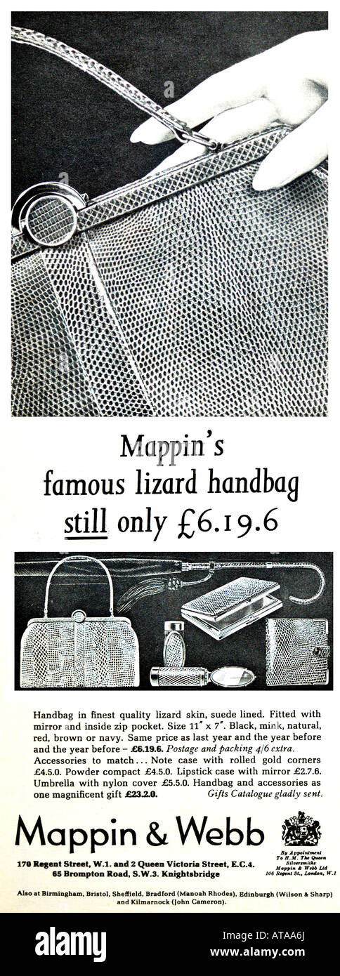 Mappin & Webb Lizard borsetta annuncio dicembre 1966 per solo uso editoriale Foto Stock