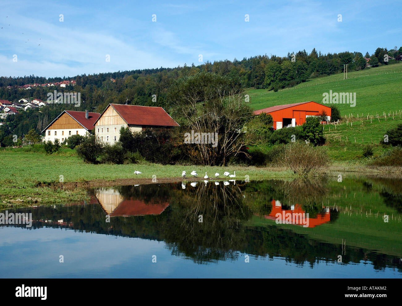 Comtois tradizionali case coloniche in Francia la regione del Giura sulle rive del fiume Doubs dove si affaccia la Svizzera Foto Stock